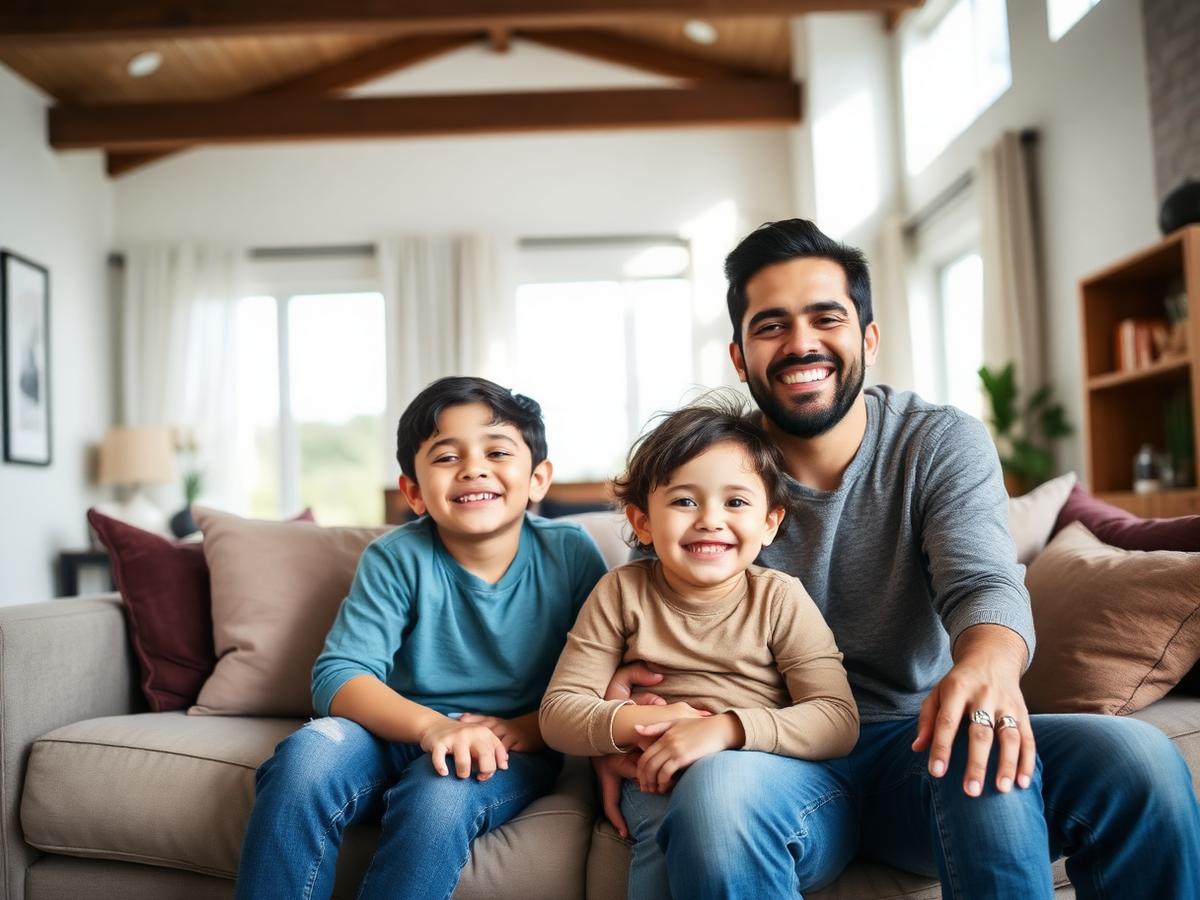 Latino father with two children at home